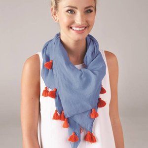 Mud-Pie Cotton Blue & Orange Tassel Scarf